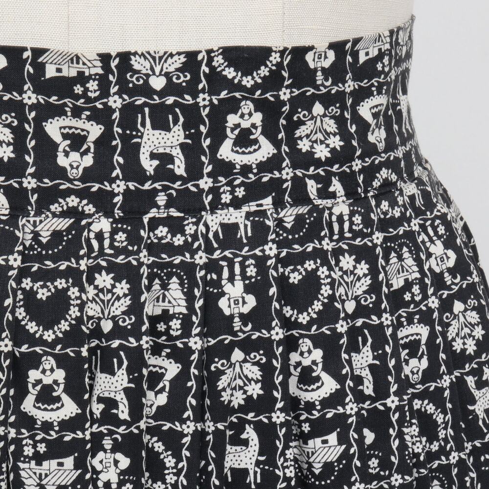 Vintage 1950s Folk Print Black and White Cotton Midi Skirt XS